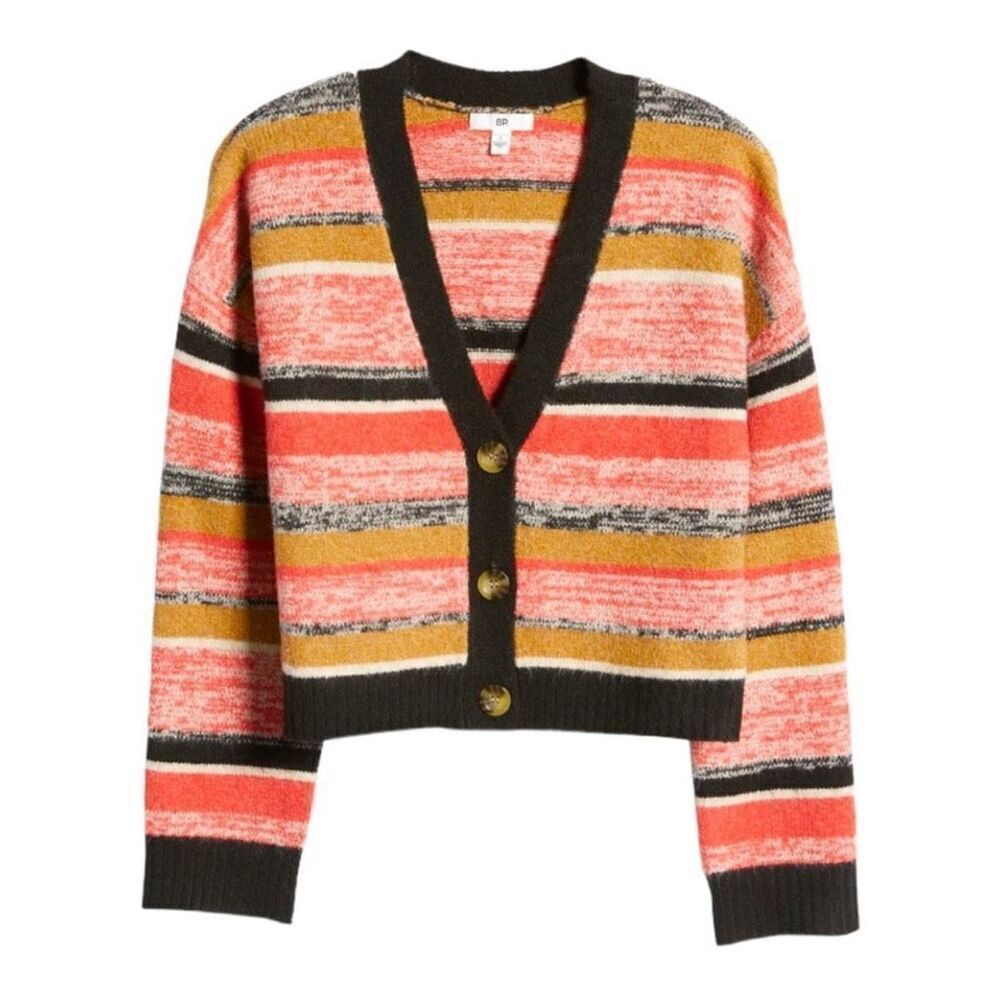 BP. Nordstrom Sz XXS Multicolor V-Neck Crop Sweater, Black Marl Stripe Cardigan